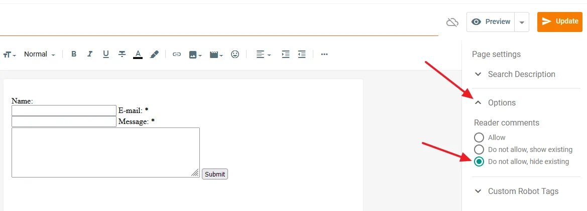 Now go to Options from the sidebar and turn off the readers comments on Contact Us page. Click Do not allow, hide existing. Click Publish or Update button