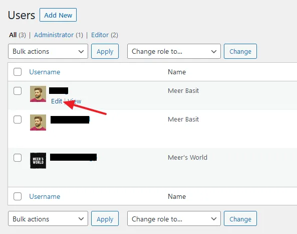 Hover over the WordPress User for which you want to hide the Admin Toolbar. Click the Edit link.