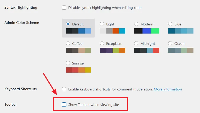 Scroll-down to Toolbar and untick the Show Toolbar when viewing site. 