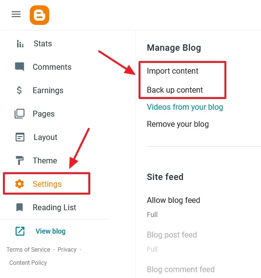 Click Settings from the sidebar. Scroll-down to "Manage Blog" section.