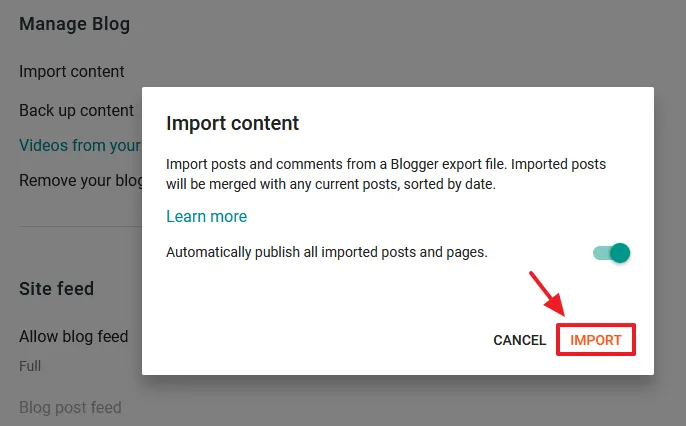 Click the Import content, as shown above. Click the IMPORT.