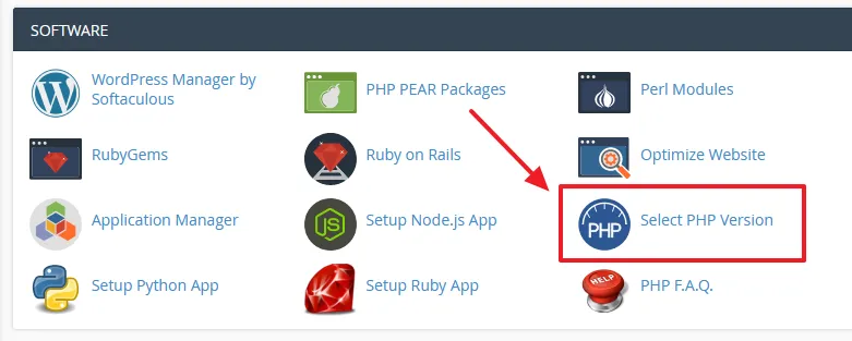 Login to your cPanel account and go to SOFTWARE section. Click the Select PHP Version.
