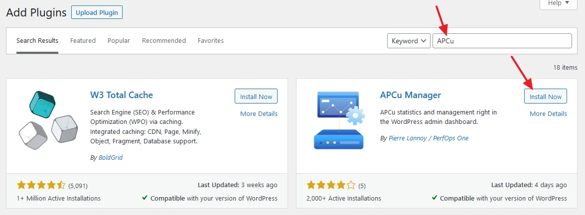 In the Plugins Search Bar enter APCu Manager. The plugin will be listed on the search results. Click the Install Now button.