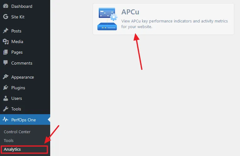 Click APCu. To view the Analytics of APCu i.e. Key performance indicators and activity metrics for your website, go to PerfOps One and click Analytics. Click APCu.