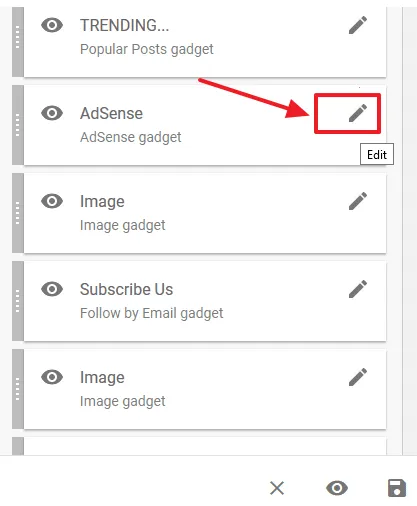 Click the Edit icon of the AdSense widget that you want to remove.