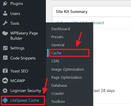 Go to LiteSpeed Cache from the Sidebar. Click Cache. Go to LiteSpeed Cache from the Sidebar. Click Cache.