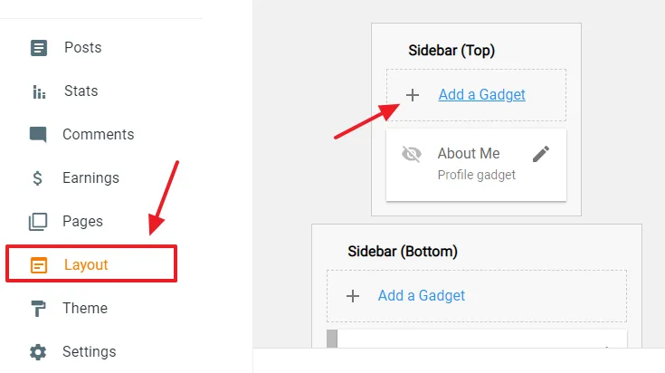 Click the + Add a Gadget link of the section on which you want to display the AdSense ad like Header, Sidebar, Footer, etc.