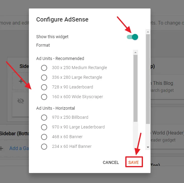 Choose the size of the AdSense gadget.