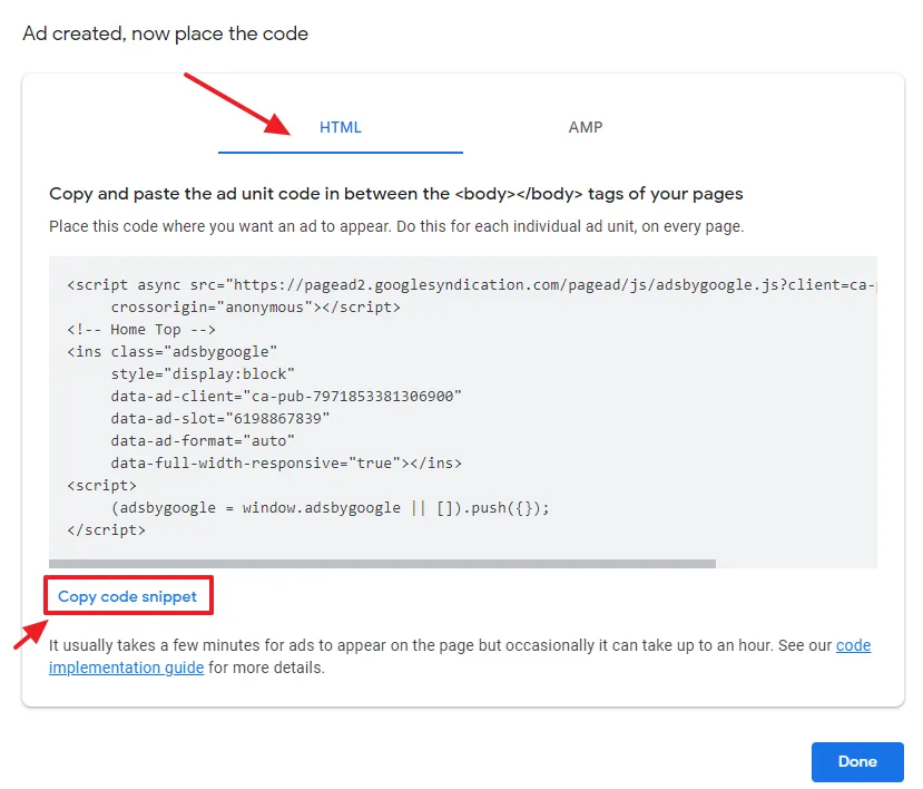 Choose the HTML tab. AMP ads are not supported by Blogger. Click the Copy code snippet.