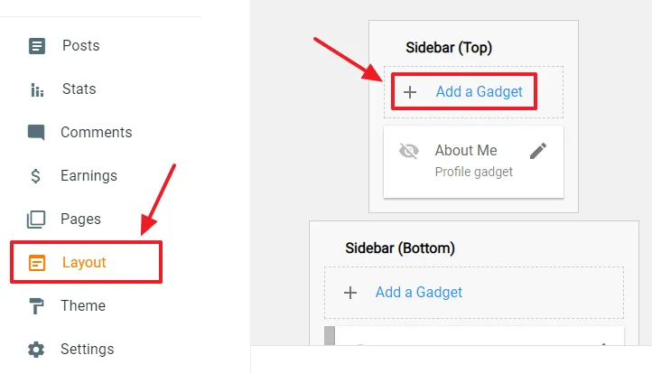 Go to your Blogger Layout from the sidebar. Click the + Add a Gadget link of the section on which you want to display the AdSense ad like Header, Sidebar, Footer, etc.