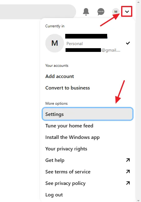 Click the Downward Arrow located at top-right corner. Under the More options section click the Settings. Click the Downward Arrow located at top-right corner. Under the More options section click the Settings.