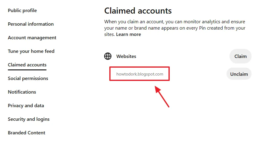 You can see on the Claimed accounts that the Blogger domain is claimed. You can click the corresponding Unclaim button to unclaim the website.