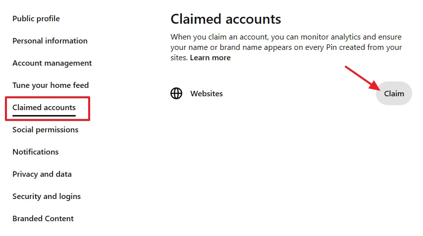 Go to Claimed accounts from the Sidebar. Click the Claim button corresponding to Websites.