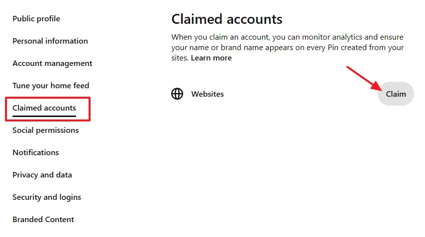 Go to Claimed accounts from the Sidebar. Click the Claim button corresponding to Websites. Go to Claimed accounts from the Sidebar. Click the Claim button corresponding to Websites.