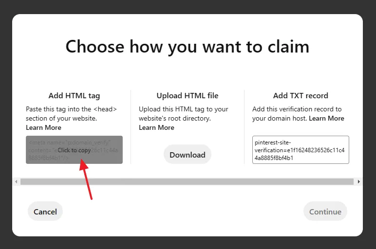 Go to Add HTML tag section and click the Click to copy to copy the HTML tag.