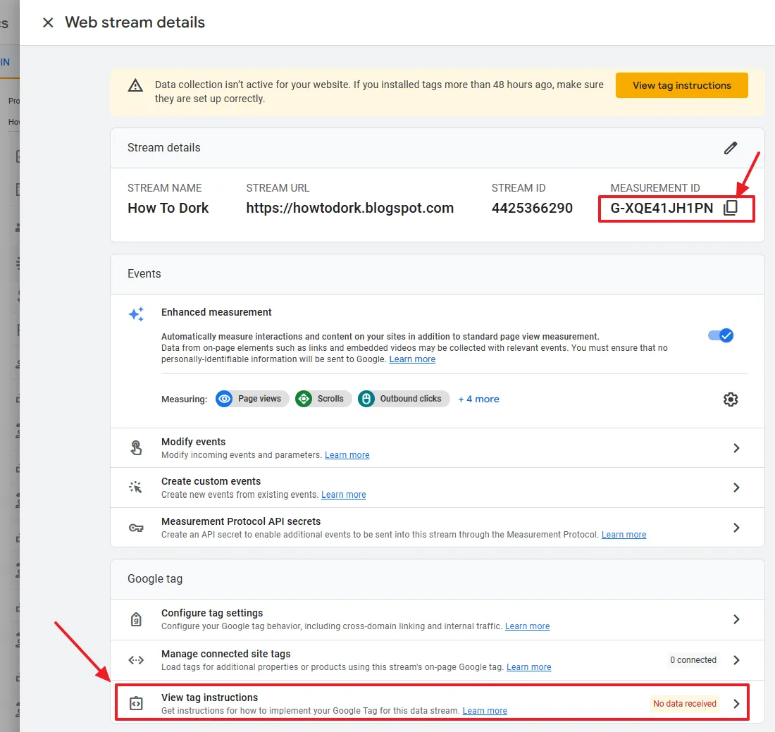 The Data Stream is created for your Blogger blog. Scroll-down to Google tag section and click the view tag instructions.