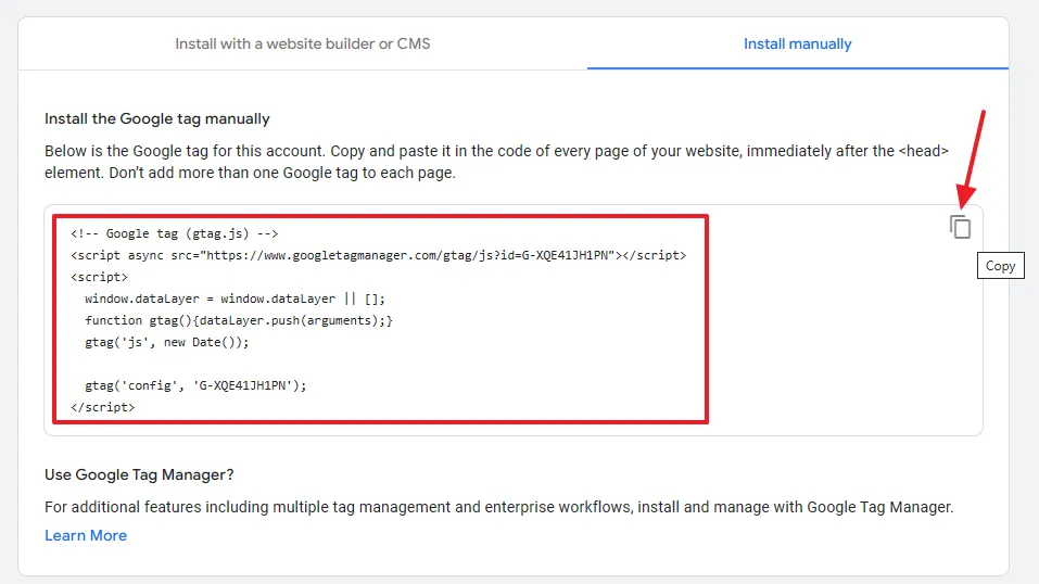 Click the Copy icon to copy the Google tag.