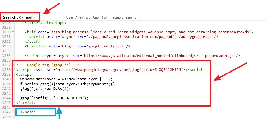 Just above the </head>element, as I have shown below, Paste the Google Tag script that you have copied. 