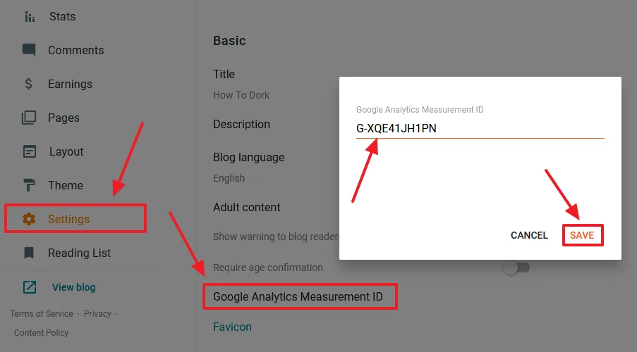 Click Settings from the Sidebar. On Basics section, click on the Google Analytics Measurement ID. Paste the Measurement ID that you have copied in the Google Analytics Measurement ID. Click Save.