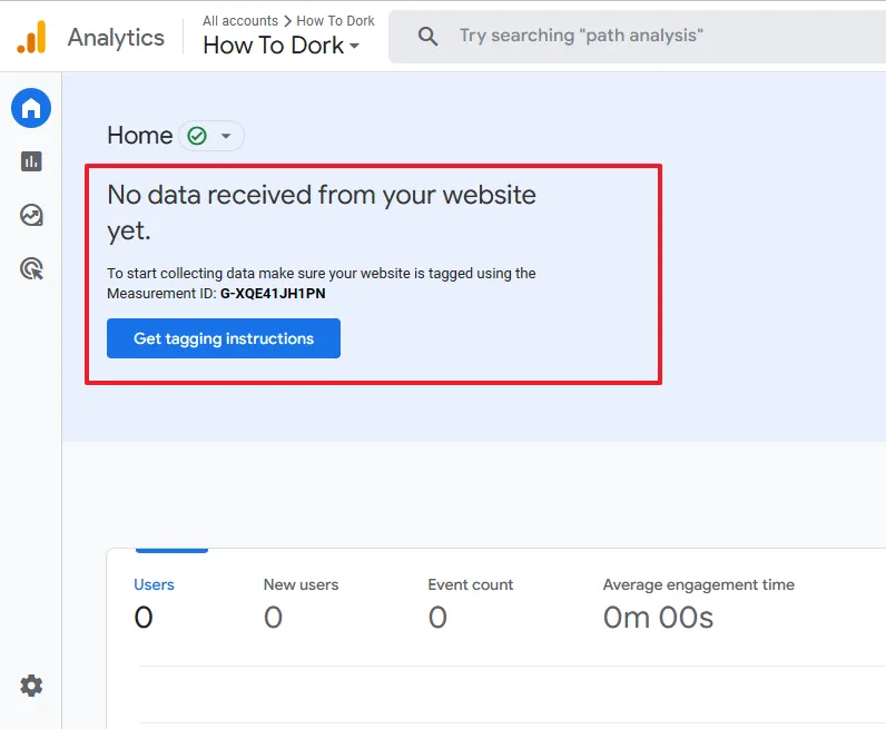 No data received from your website yet. Google Analytics Homepage.