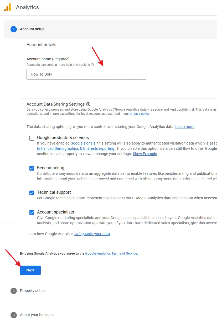 Enter an Account name for your Google Analytics. Choose Account Data Sharing Settings. Click Next.