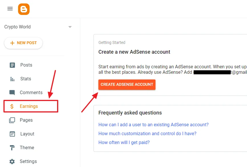 Click the Earnings from the sidebar. Click the "CREATE ADSENSE ACCOUNT" button.