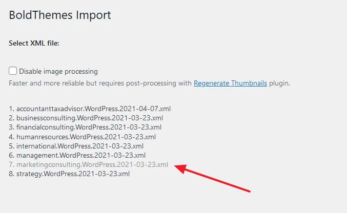 It will list down the XML files of all the available Demos of Avantage WordPress theme. Click on the one that you want to import. 