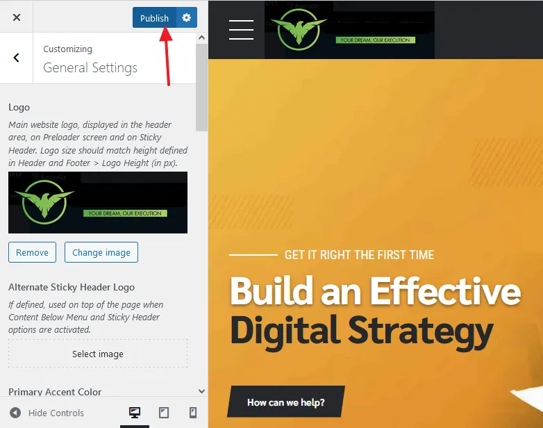 Once the logo is uploaded click the Publish button.