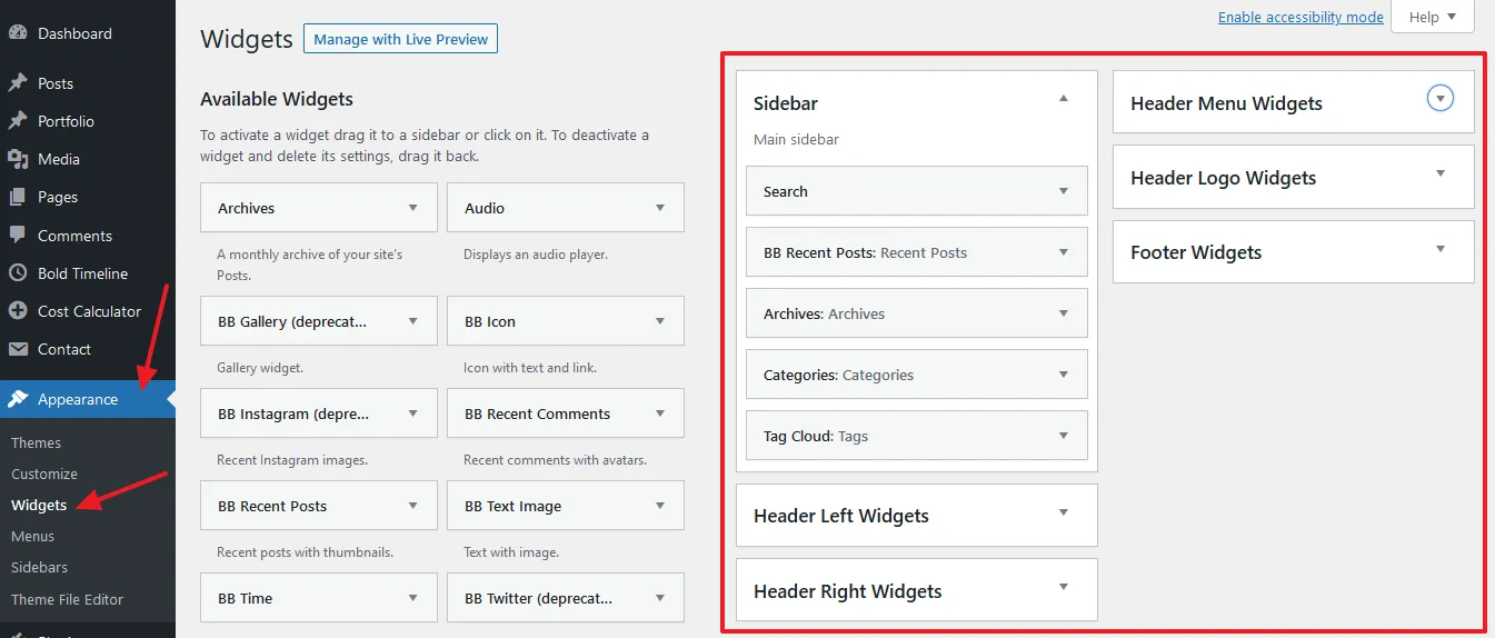 Go to Appearance from the WordPress sidebar. Click the Widgets