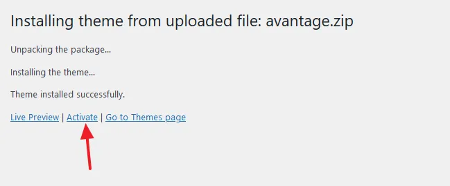 Click the Activate link to activate the Avantage WordPress theme.