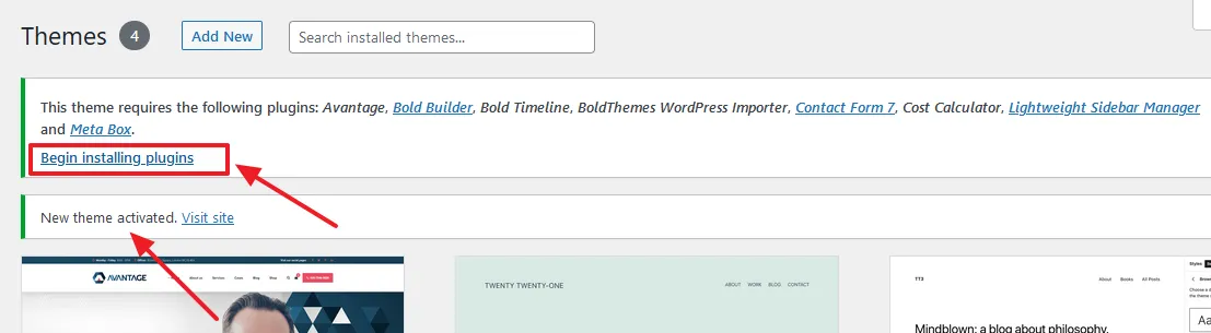 You can see a message, "New theme activated". Click the Begin installing plugins link.