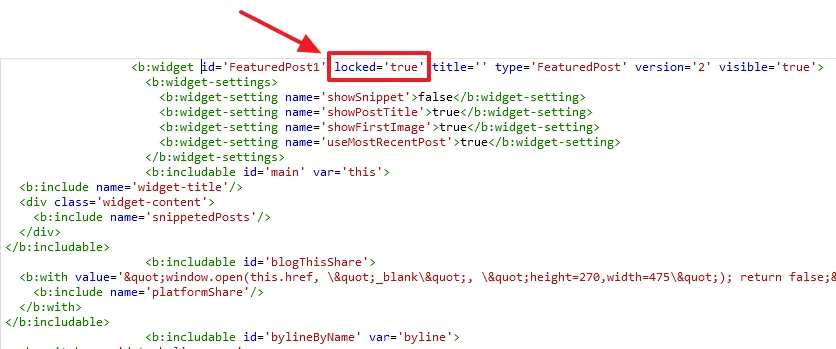 Here you can see the code of "FeaturedPost1".  On top line of the gadget code you can see the tag locked. It's value will be 'true'. Like this locked='true'.