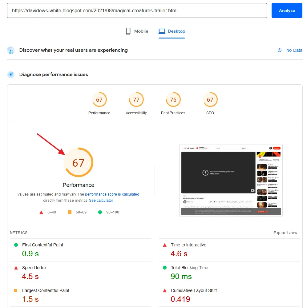 The PageSpeed performance score of Davidews itempage on desktop is 66.