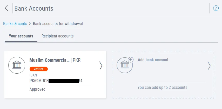 You can see that my local bank account has been removed from my Your accounts.