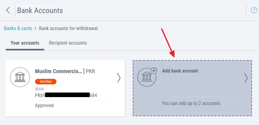 Click on the Add bank account. Remember that you can add up to 2 local bank accounts on Payoneer.
