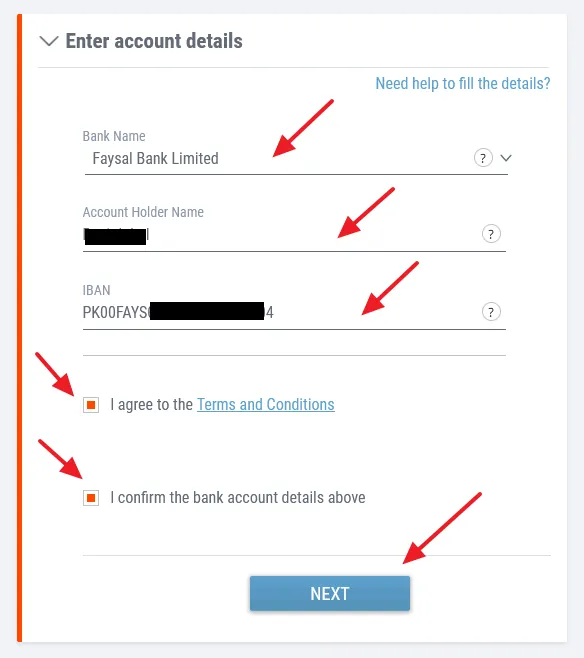 Enter your account details like Bank Name, and IBAN.