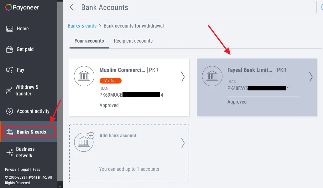 Go to Banks & cards from the sidebar and click on the Your accounts tab. Click on the bank account that you want to delete/remove.