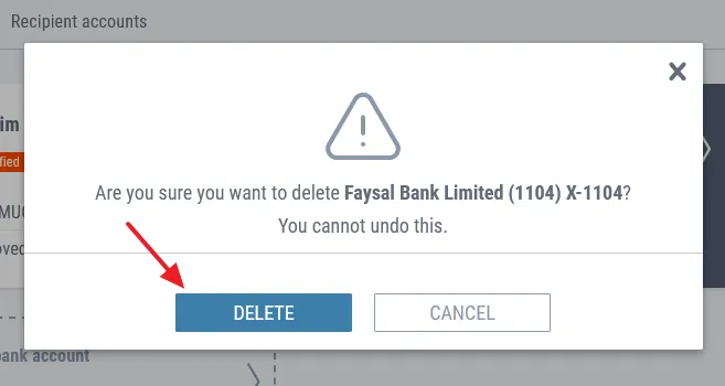 Payoneer will display a warning/notice, "Are you sure you want to delete your bank account? You can't undo this." Click on the DELETE button.