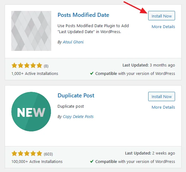 Go to Posts Modified Date plugin and click on the Install Now button. 