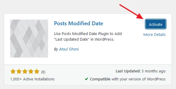 Click on the Activate button to activate the Posts Modified Date plugin.
