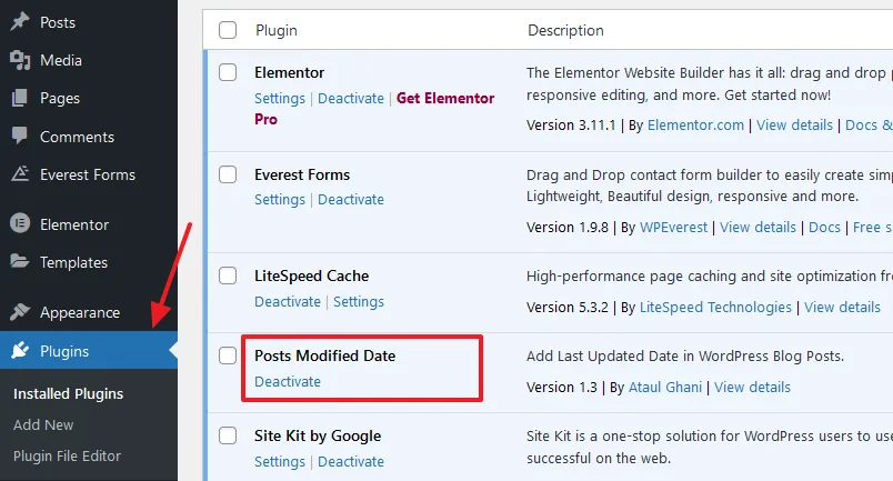 Go to Plugins (Installed Plugins). You can see Posts Modified Date plugin.