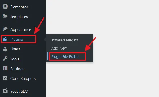 Go to Plugins from the Sidebar. Click on the Plugin File Editor.