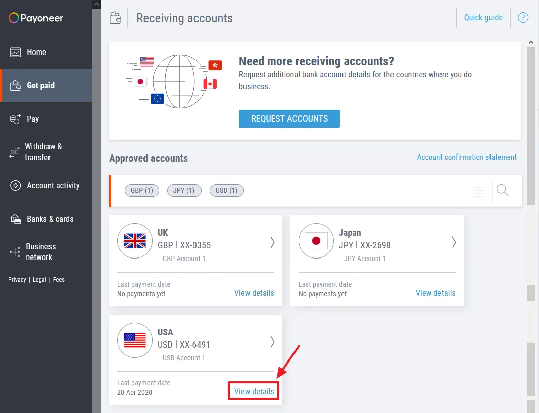 Go to Approved accounts section. Click on the View details link of your desired Receiving Account. 