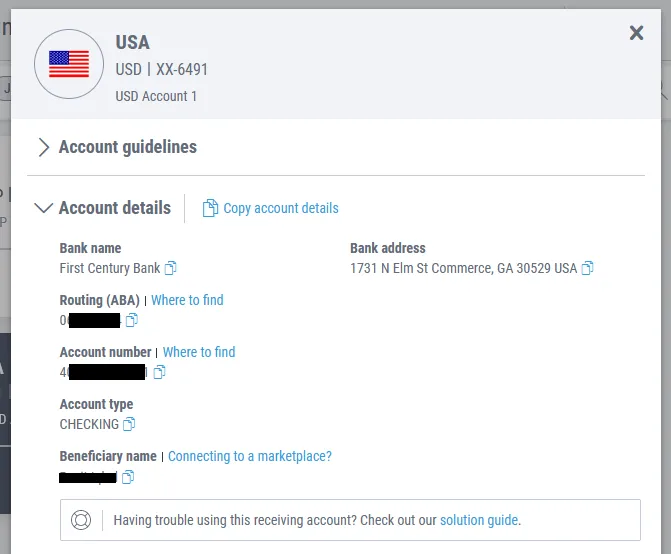 Details of your USA Receiving Bank account like Bank Name, Routing ABA, Account Number, Account Type, etc.