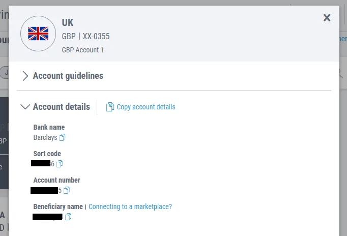 Bank details of GBP Receiving account like Bank Name, Sort Code, Account Number, etc.