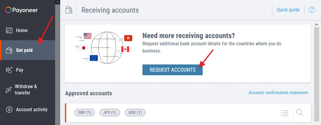 On top of the Receiving accounts page, click on the REQUEST ACCOUNTS button. 