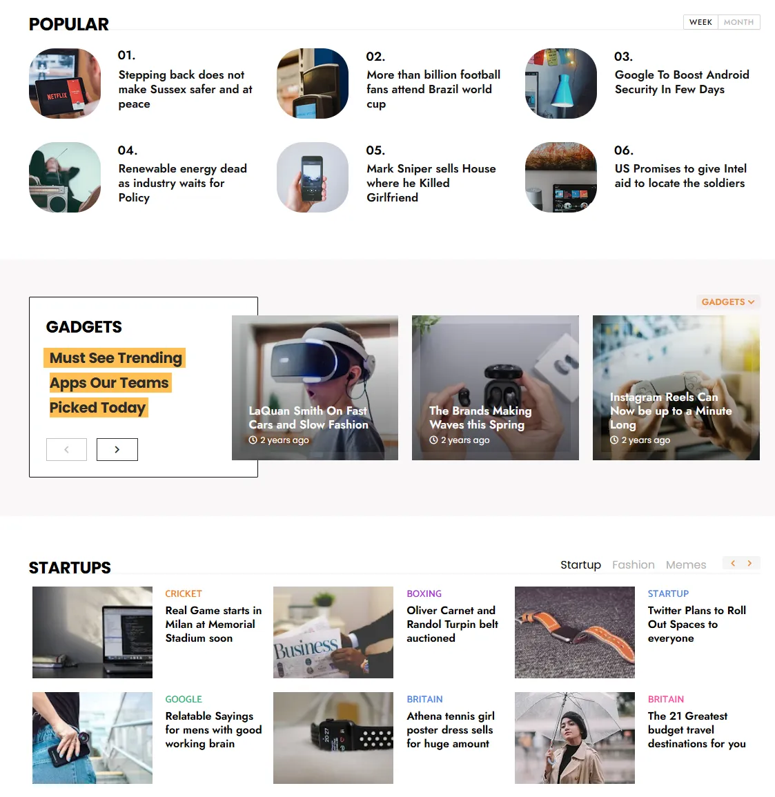 Popular module, gadgets module, and Startup module on Story Mag homepage