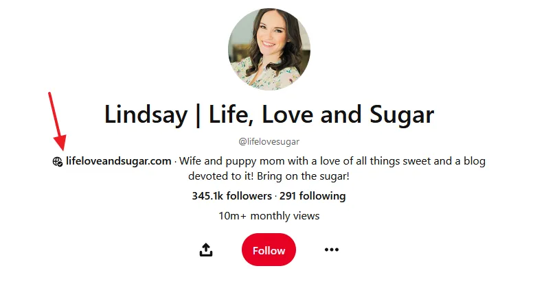 A Globe having a Checkmark over it, appears next to your website URL on your Pinterest profile. 