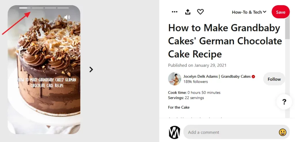 Example of a Idea Pin on Pinterest guiding about making a German Chocolate cake recipie