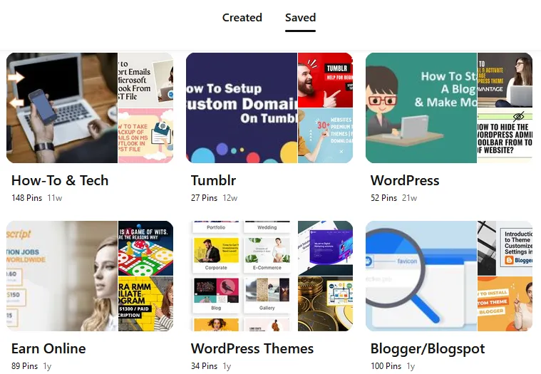 Examples of Boards on a Pinterest account.